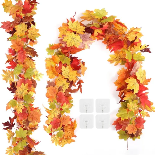 Miniatura 11 de joyhalo Paquete de 5 guirnaldas de hojas de otoño para el hogar, guirnalda de hojas de arce, vid al aire libre, decoración de otoño para porche