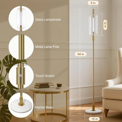 Miniatura 2 de KIVDITZO Lámparas de pie de vidrio regulables para sala de estar, lámpara de pie moderna con pantalla de cristal, base de mármol, lámpara de 64