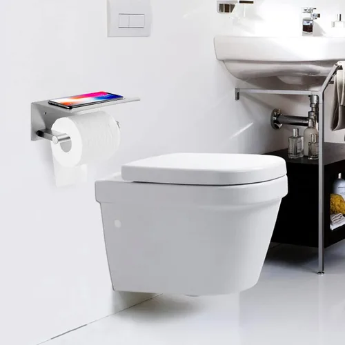 Miniatura 7 de Soporte de papel higiénico con estante, soporte adhesivo montado en la pared para baño, soporte para rollo de pañuelos con estante de almacenamiento