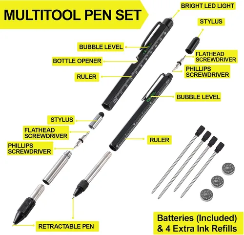 Miniatura 3 de Juego de bolígrafos multiherramienta 11 en 1 con LED, lápiz capacitivo, nivel, destornillador, cabeza plana, regla, regalos para hombres, él, papá