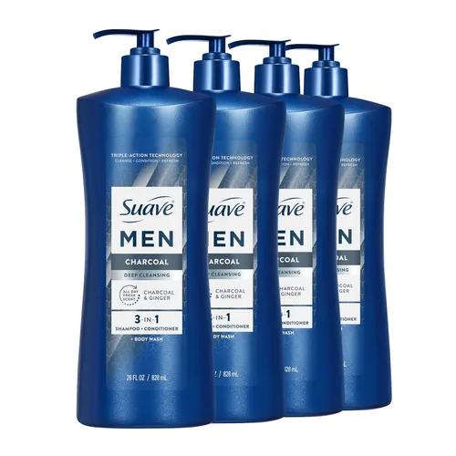 Suave Men Champú 3 en 1 de limpieza profunda, acondicionador y gel de baño con polvo de carbón, desintoxica y limpia el cabello y la piel, elimina