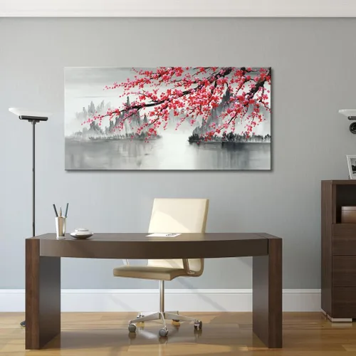 Miniatura 5 de Pintura al óleo china tradicional hecha a mano de flor de ciruelo rosa, arte de pared en lienzo, obra de arte de paisaje moderno en blanco y negro