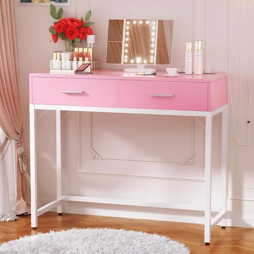 Miniatura 15 de Escritorio de tocador pequeño, escritorio de tocador con espejo y luces, escritorios de maquillaje con regleta eléctrica, mesa de tocador