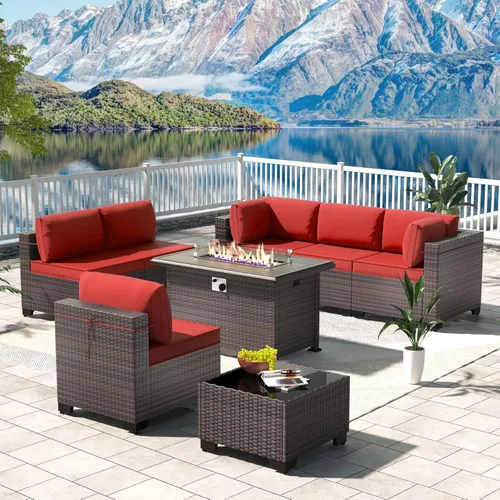Miniatura 35 de Kullavik Juego de 13 muebles de patio al aire libre con mesa de fogata de gas propano de 43 pulgadas, 55000 BTU, mimbre de polietileno, sofá Arena