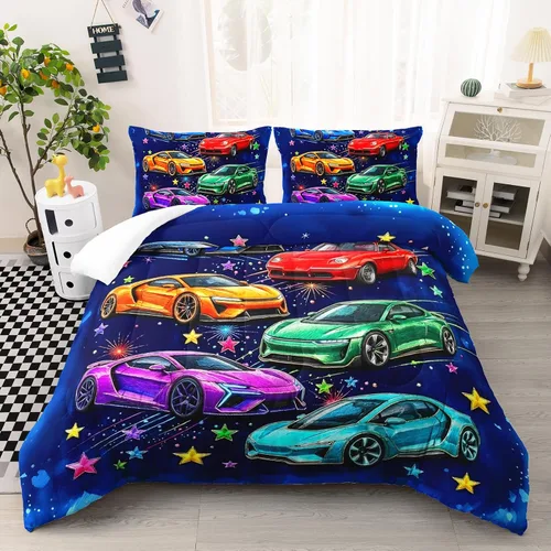 Miniatura 22 de AILONEN Juego de edredón de camión tamaño individual, juego de ropa de cama con temática de camión monstruo 3D sobre fondo azul, para niños y niñas