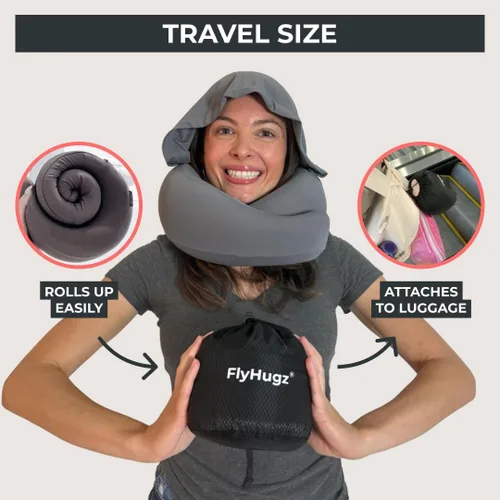 Miniatura 2 de FlyHugz® Almohada de viaje con capucha 2.0 – Versión original 2026 – Almohada de cuello de espuma viscoelástica con capucha ajustable y funda Gris
