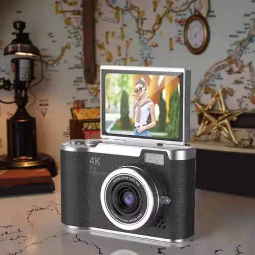 Miniatura 6 de Cámara digital 4K para fotos, cámara retro portátil con pantalla abatible, cámara retro compacta para exteriores (negro, 1 juego)