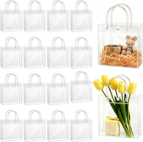 Miniatura 12 de BadenBach 16 bolsas de regalo transparentes con asas, 9.8 x 9.8 x 3.5 pulgadas, bolsa de plástico transparente para fiesta, bolsa de regalo