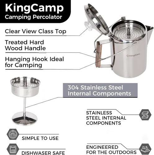 Miniatura 3 de KingCamp Percolator - Cafetera de acero inoxidable 304 con mango de madera para acampar al aire libre, cabina, caravana, cocina, caza y mochilero