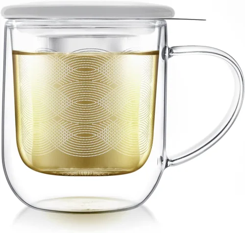 Miniatura 9 de Teabloom Taza de té para uno: taza de vidrio aislada de doble pared (12 onzas), infusor de acero inoxidable, tapa de porcelana/posavasos - ideal