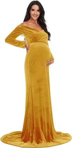 Miniatura 2 de ZIUMUDY Vestido de maternidad de terciopelo con hombros descubiertos, vestido de fotografía de manga larga para sesión de fotos, vestido de baby