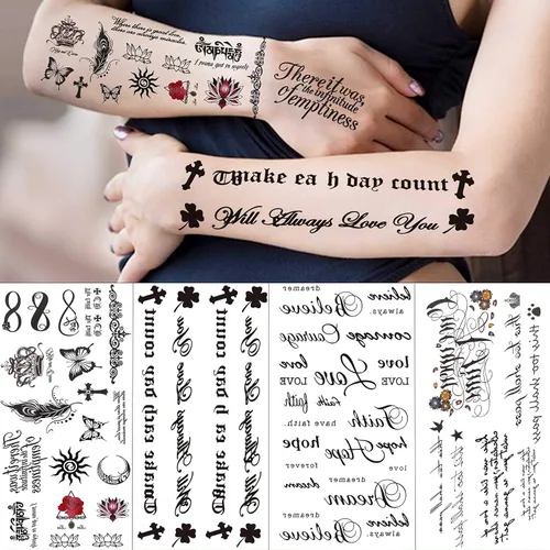 Miniatura 6 de TASROI 18 hojas de tatuajes temporales con citas inspiradoras en negro para mujeres, niños y niños, de larga duración, palabras del alfabeto