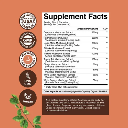 Miniatura 3 de Advanced Mushroom Complex Cápsulas – 10 cápsulas de suplemento de melena de león con Reishi, Chaga, Maitake y Shiitake para la salud cerebral apoyo