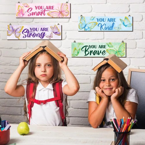 Miniatura 3 de Geetery 4 Piezas Letrero de Madera con Cita Inspiradora de Mariposa Decoración de Pared de Dormitorio para Hombres Mujeres Decoración de Arte