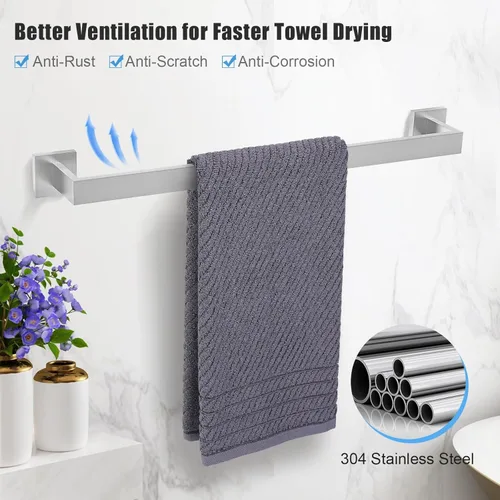 Miniatura 2 de TURS Juego de accesorios de baño de 4 piezas cepilladas para toallas de baño, incluye toallero de 24 pulgadas, soporte para toallas de mano, gancho