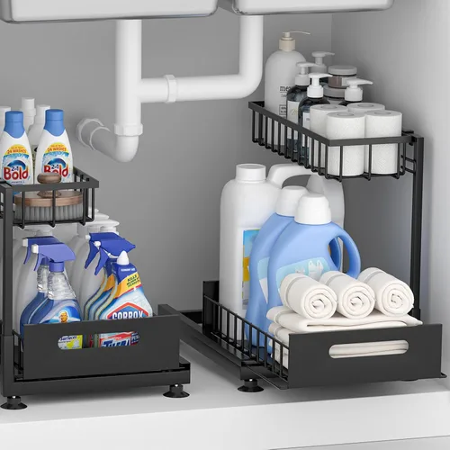Saydear Organizador de almacenamiento para debajo del fregadero, organizador de armario de cocina extraíble de 2 niveles con cajón deslizante, Negro