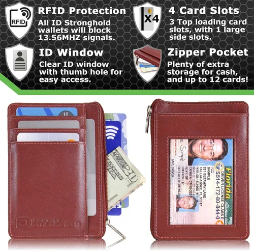 Miniatura 3 de ID STRONGHOLD - Cartera con bolsillo frontal RFID, mini, minimalista, delgada, de piel auténtica con cremallera, Rojo