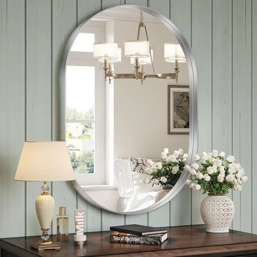 Miniatura 16 de Brightify - Espejo ovalado dorado para tocador de baño de 20x30 pulgadas, espejos de marco de metal dorado para pared, espejo moderno