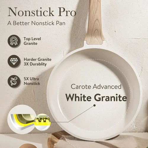 Miniatura 7 de CAROTE Sartén antiadherente para saltear y freír, sartén para tortillas, sartén de chef de granito no tóxica y saludable, sartén para huevos Blanco