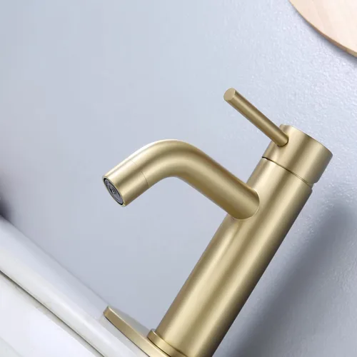 Miniatura 6 de Grifo de baño de un solo agujero dorado cepillado, grifo Senhozi para fregadero de baño, 1 orificio con placa de cubierta de 6 pulgadas, grifo