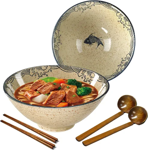 Juego de cuencos de cerámica para ramen, 2 juegos de 34 onzas, cuencos grandes de sopa de fideos japoneses con cucharas y palillos para sopa,