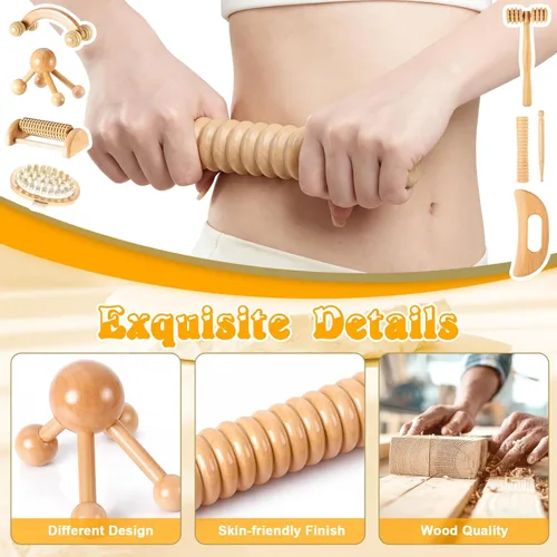 Miniatura 3 de TrelaCo Juego de 8 herramientas de masaje de terapia de madera, kit de masajes de drenaje linfático, rodillos de masaje manuales para aliviar