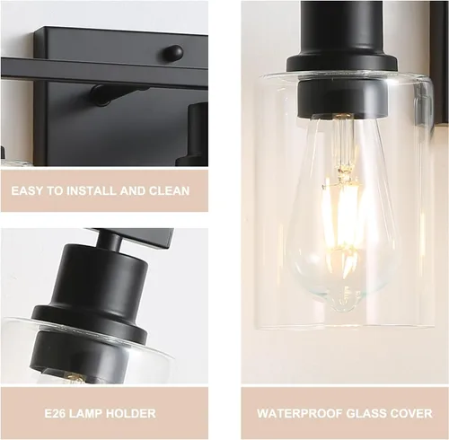 Miniatura 3 de Lámparas de tocador de baño de 3 luces, apliques de pared negro mate con pantallas de vidrio transparente, iluminación de pared moderna de granja