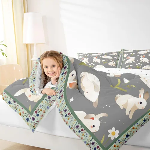 Miniatura 7 de Feelyou Juego de ropa de cama de conejo para niños, tamaño individual, juego de edredón de conejo para niñas y mujeres, edredón de plumón verde