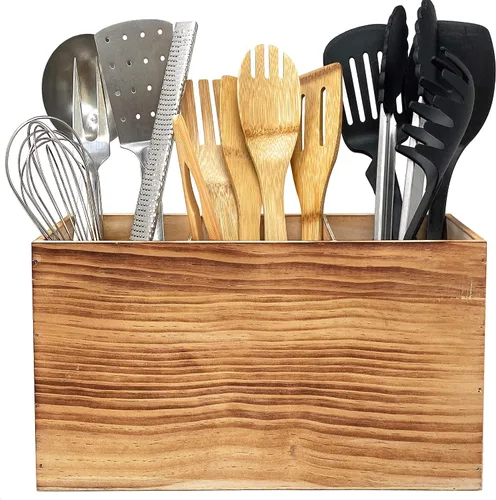 Miniatura 6 de Organizador de utensilios de madera para mostrador, organizador grande de utensilios de madera para encimera, almacenamiento de herramientas