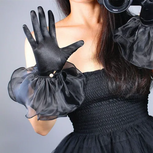 Miniatura 5 de DooWay Guantes sexis de seda satinada para mujer con pantalla táctil para muñeca pantalones cortos elásticos de tul de organza con volantes manga