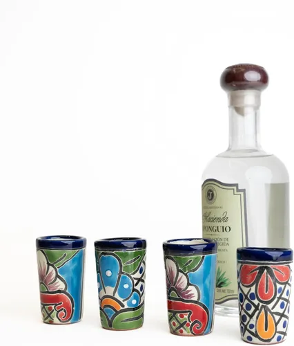 Miniatura 8 de Juego de 4 vasos de chupito Talavera - Pintados a mano - 2 Oz (azul con verde)
