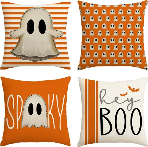 Miniatura 13 de AVOIN colorlife Juego de 4 fundas de almohada de Halloween Hey Boo con diseño de fantasma, 16 x 16 pulgadas, para sofá