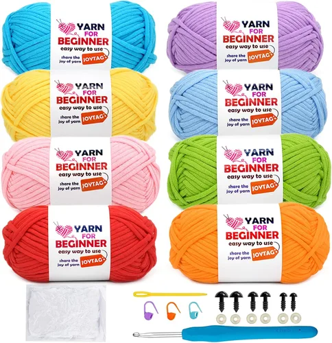 Miniatura 14 de Paquete de 6 hilos de ganchillo para principiantes azul verde amarillo rojo blanco negro, hilo de algodón para ganchillo para principiantes