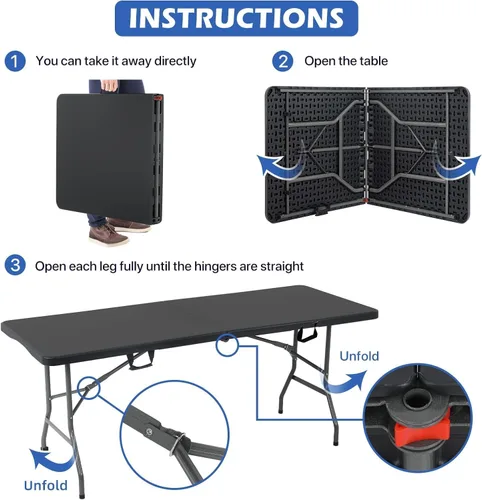 Miniatura 4 de HKLGorg Mesa Plegable, Mesa de Utilidad de Plástico Resistente Plegable para Interior y Exterior, Mesa de Fiesta y Comedor Fácil de Montar con Negro
