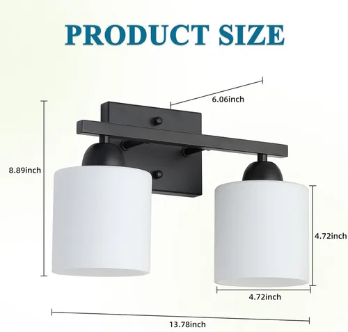 Miniatura 4 de Mecgirn Luces de tocador de vidrio esmerilado para baño, 2 luminarias de baño negro mate sobre espejo, portalámparas E26 de cerámica montados