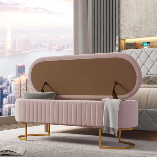 Miniatura 12 de EcoHarbor Living Banco de almacenamiento de 50.5" para pasillo, otomano tapizado con extremo de cama de terciopelo con patas doradas, reposapiés