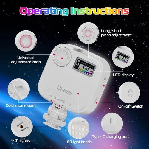 Miniatura 3 de ULANZI Luces de video RGB U60 Luz de cámara LED blanca 360° Iluminación de fotografía portátil a todo color con adaptador de zapata fría de Blanco