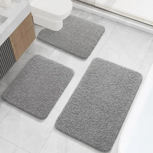 Miniatura 11 de LOCHAS Juego de alfombras de baño de 3 piezas, juego de alfombras de baño largas de microfibra antideslizantes, lavables, juego de alfombras de Gris