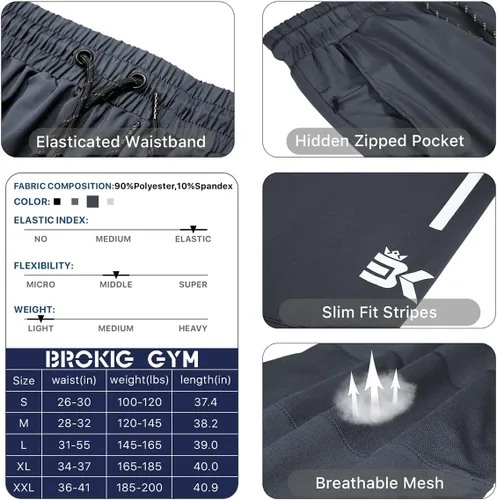 Miniatura 5 de BROKIG Pantalones deportivos ligeros para hombre, elásticos, de secado rápido, con bolsillos con cremallera