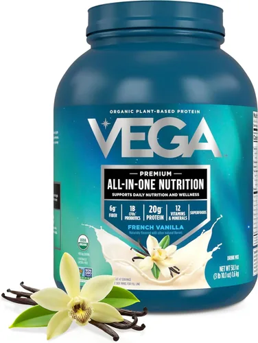 Vega Todo en Uno Nutrición Orgánica - 20 g de proteína de guisante a base de plantas, vainilla francesa, 43 porciones, vitaminas A y C, probióticos,