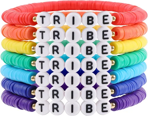 Miniatura 10 de Juego de pulseras heishi arcoíris estilo surfista para mujer, juego de pulseras apilables de cuentas de arcilla, pulseras elásticas con disco