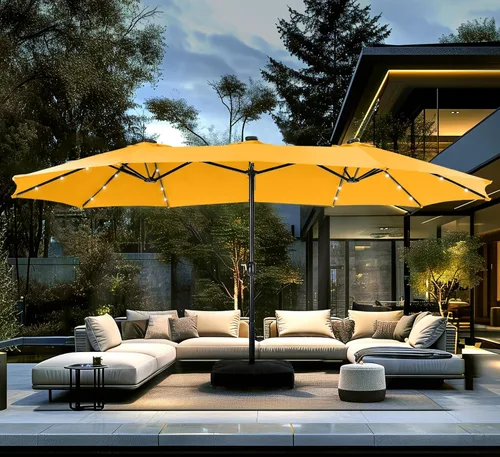 Miniatura 14 de PHI VILLA Sombrilla de patio grande de 15 pies con base y luces solares, paraguas rectangular de doble cara para exteriores con 36 luces LED, Beige