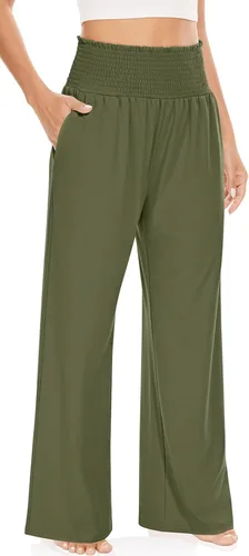 Miniatura 2 de UEU Pantalones de pierna ancha con volantes fruncidos y cintura alta para mujer, estilo casual, holgados, pantalones de yoga con bolsillos