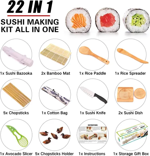 Miniatura 2 de Kit de fabricación de sushi SmileTools, juego de rodillo de sushi 22-en-1 con alfombrilla de bambú para rodar sushi, bazuca de sushi, cuchillo