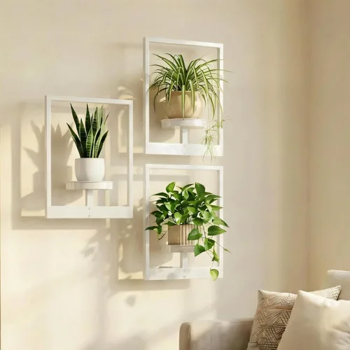 Miniatura 10 de Juego de 3 macetas de pared con marco de fotos, estantes colgantes de metal modernos para plantas, soporte de pared inoxidable para interiores