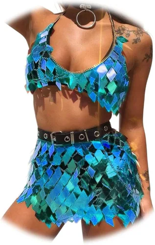 Nicute Conjunto de falda de lentejuelas y lentejuelas para festivales, conjunto sexy de verano, playa, bikini para mujeres y niñas