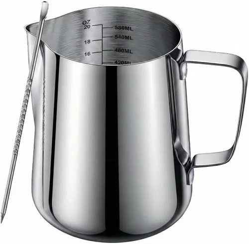Miniatura 9 de Jarra de espuma de leche de 12 onzas con medidas, jarra de vapor de acero inoxidable (11.8 fl oz) y bolígrafo de arte con leche, taza de crema