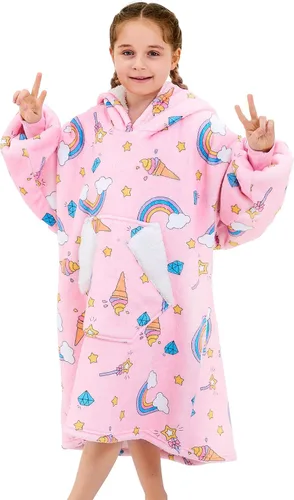 Ramees - Manta con capucha portátil para niños, sudadera de sherpa de gran tamaño, manta de franela con capucha, bolsillo y mangas (arco iris)