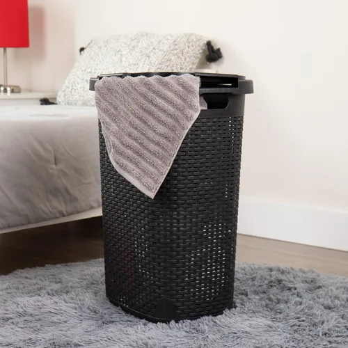 Miniatura 2 de Mind Reader Cesta delgada para ropa sucia de 60 L, cesta de ropa, tapa, diseño de mimbre, plástico, 17.65 pulgadas de largo x 13.75 pulgadas de Negro