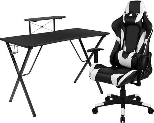 Miniatura 85 de Flash Furniture Juego de escritorio para juegos negro y silla de carreras blanco/negro con soporte para tazas, gancho para auriculares y soporte